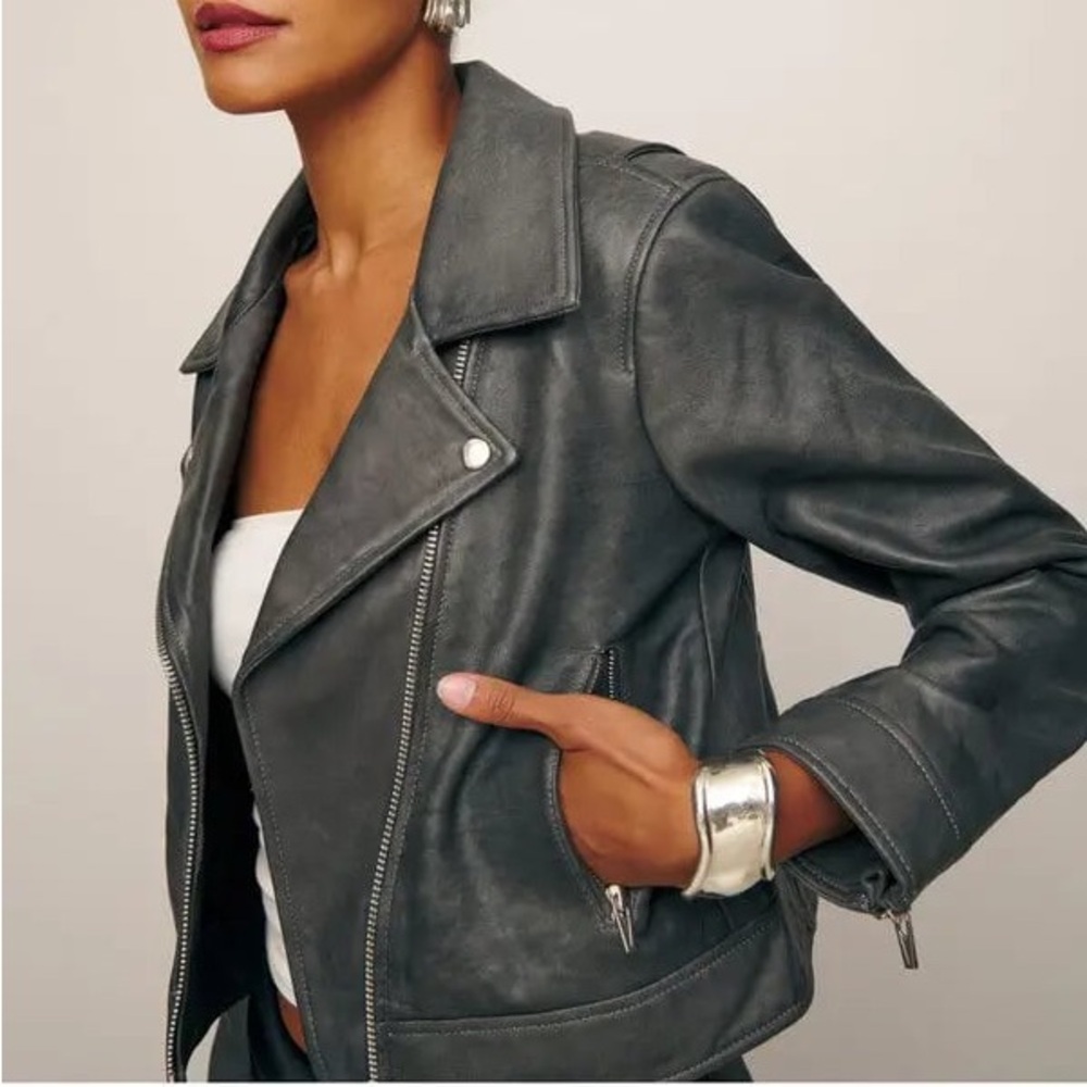 Veda X Reformation Women's Gray Leather Motorcycle Jacket XL